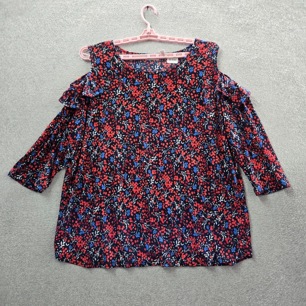 Susan Graver Women Top 3X Blue Floral Blouse Cold Shoulder Ruffle Pullover